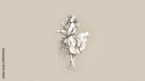 Delicate pencil sketch of a dancing woman in a flowing dress against a neutral background