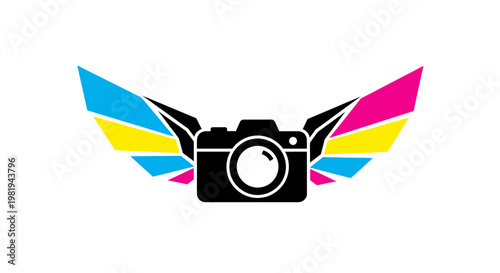 Camera with colorful wings logo design.