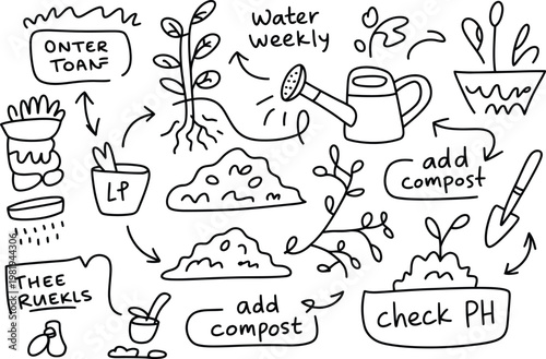 Hand drawn gardening guide showing essential plant care steps including watering and fertilizing soil instructions