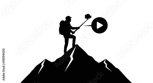 Man standing on mountain with selfie stick.