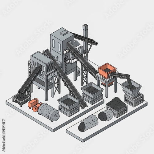 Isometric illustration of a modern industrial concrete batching plant with conveyor belts and raw materials.