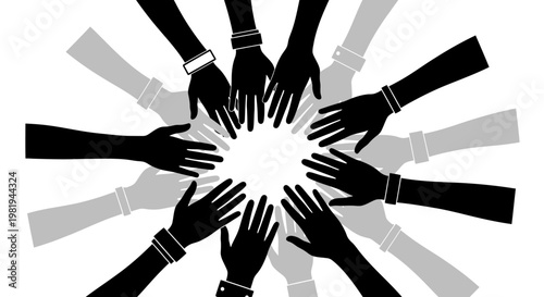 Diverse hands in a circle together.