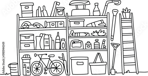 Hand drawn illustration of garage shelving units filled with various household tools and storage boxes
