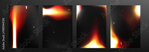 Film burn and light leak overlay pack with warm red-yellow gradient and realistic burned film edge texture, isolated on transparent and dark background.