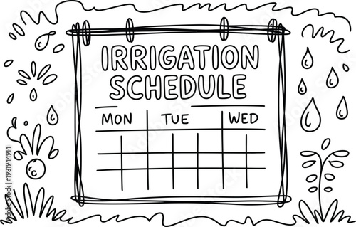 Hand drawn irrigation schedule planner with water droplets for gardening and yard lawn care management tasks