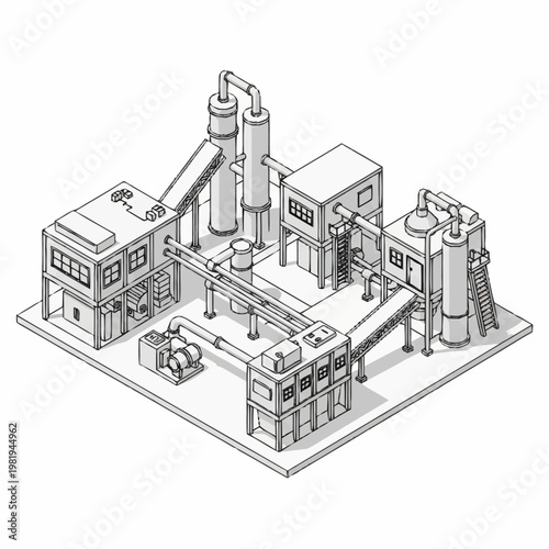 Isometric illustration of a modern industrial factory complex with pipelines and machinery.