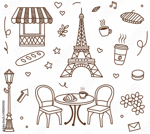 Canvas Print Hand-Drawn Paris Street Cafe and Eiffel Tower Doodle Collection
