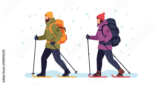 Man and woman enjoying a winter adventure, snowshoeing through fresh snow with backpacks and poles.