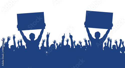 Large group of people holding blank placards up in the air during a protest or public rally