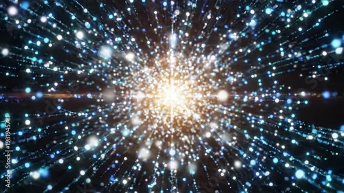 Abstract glowing particles exploding outwards from a bright central light source in deep space