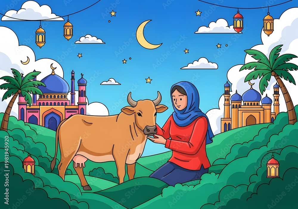 Naklejka premium A woman in a hijab feeds a cow in a serene landscape with a mosque