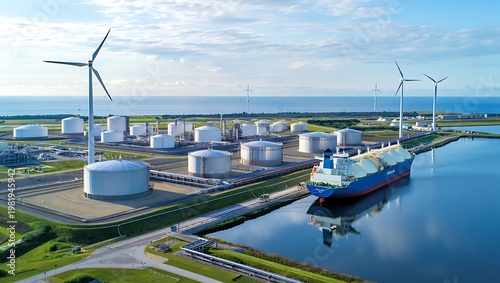 Futuristic wind powered LNG terminal with storage tanks and docking ships, showcasing renewable energy integration, sustainable infrastructure, maritime logistics, and modern industrial port operation