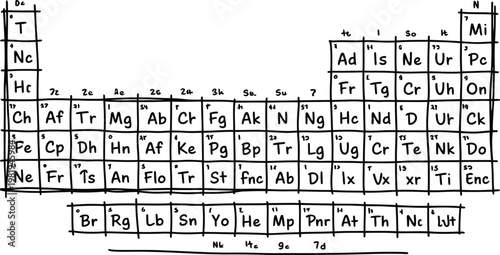 Hand drawn periodic table grid featuring imaginary chemical elements and scientific symbols for educational classroom learning