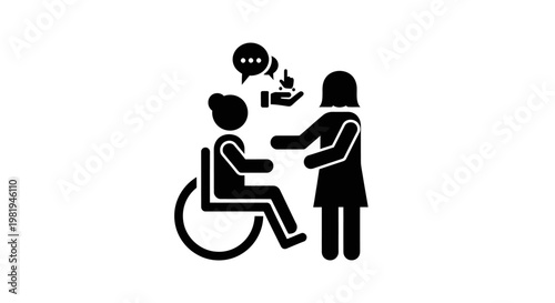 Woman helping man in wheelchair.