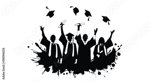 Excited graduates in academic attire celebrating their successful graduation with diplomas and mortarboards thrown into the air