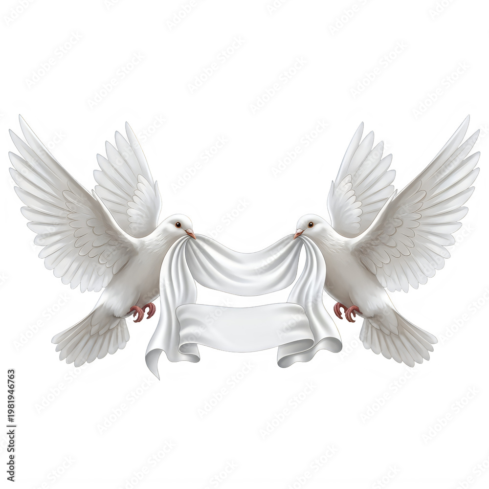 Obraz premium Two white doves holding a banner isolated on transparent background