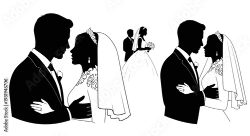 Elegant Wedding Couple Silhouettes in Black and White