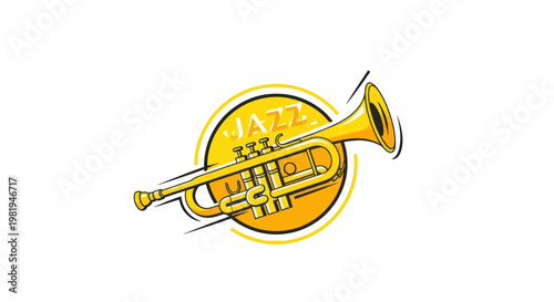 Golden Trumpet with "Jazz" Text in a Yellow Circle - Music Instrument Illustration