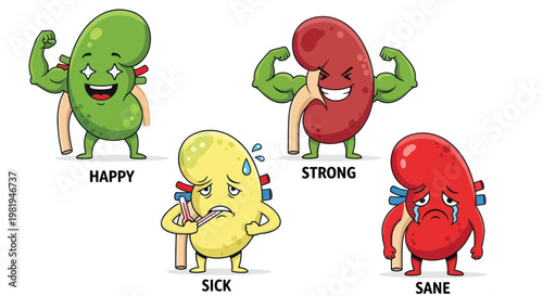 Healthy and Sick Kidney Characters Showing Emotions and Strength
