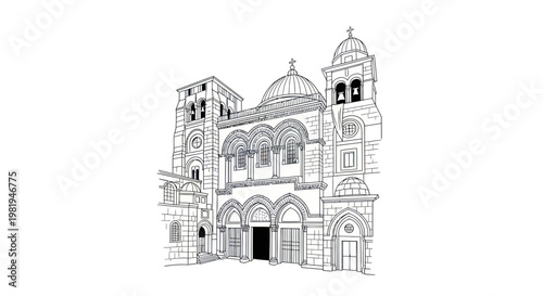 Line Art Drawing of the Church of the Holy Sepulchre in Jerusalem