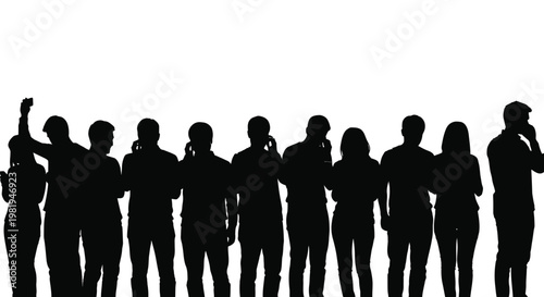 Diverse group of people in silhouette using their mobile phones for communication and digital engagement.