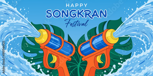 A vector illustration celebrating Happy Songkran Festival 3D-inspired style against sky-blue background twith tropical skies and splashing water for social media campaigns, event posters, or banners