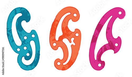 French curve set sewing tools in teal orange pink colors, textured vector
