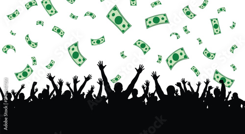 Enthusiastic crowd of people cheering while celebrating financial success with falling green paper money from above