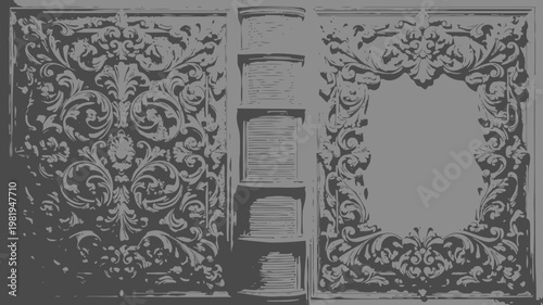 An intricate grayscale rendering depicts a highly ornate book cover design with a framed blank space.