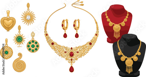Gold Jewelry Collection Set with Necklaces, Earrings, and Pendants for Fashion, Luxury, and Accessory Illustrations
