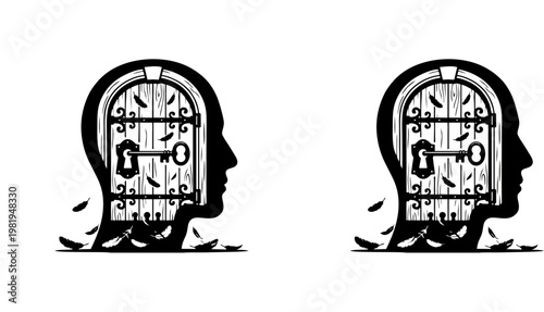 Minimalist vector illustration featuring mirrored human head silhouettes with ornate doors, keyholes, and inserted keys, symbolizing unlocking, knowledge, communication, and negative space design.