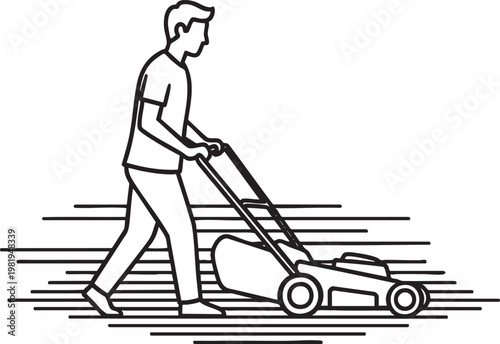 Man mowing the grass with a lawnmower line art illustration lawnmower