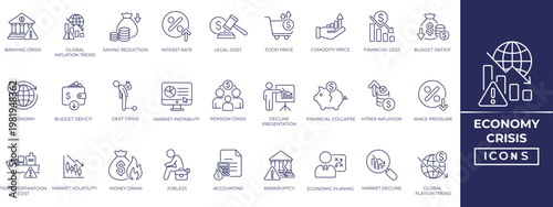 Financial and Economic Crisis line icon set. Containing market crash, risk management, accounting, debt, and financial planning, icon collection.