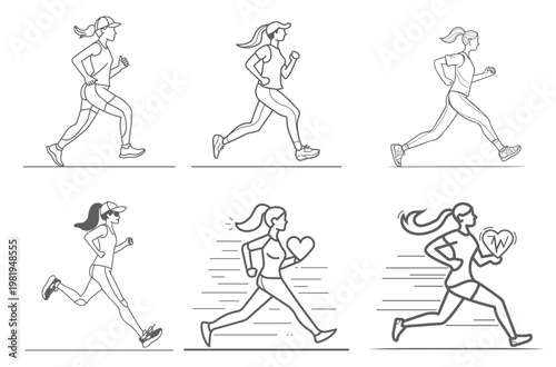 Set of woman running illustrations in different poses with line art white background flat design exercise activity illustration movement lifestyle outdoors collection minimalist competition