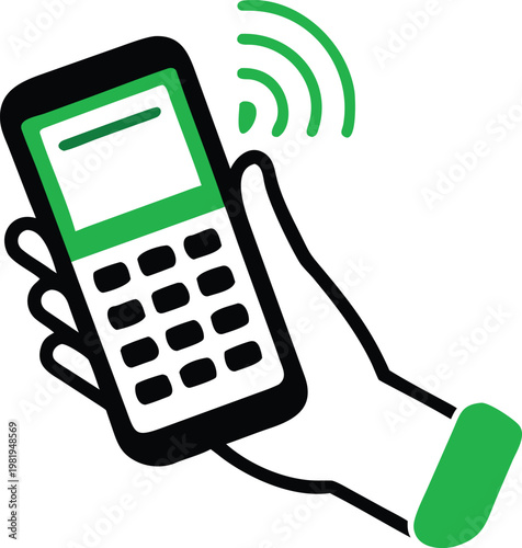 Hand holding a wireless payment terminal with green signal hand holding terminal mobile payment