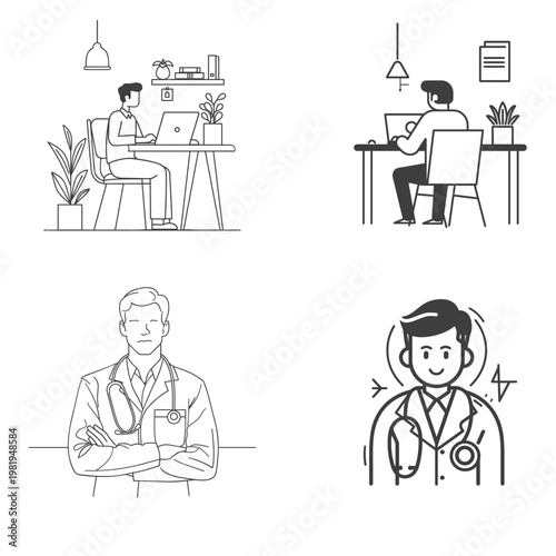 Doctor at desk with laptop and medical illustrations line art white background flat design hospital illustration profession occupation medicine computer stethoscope physician healthcare