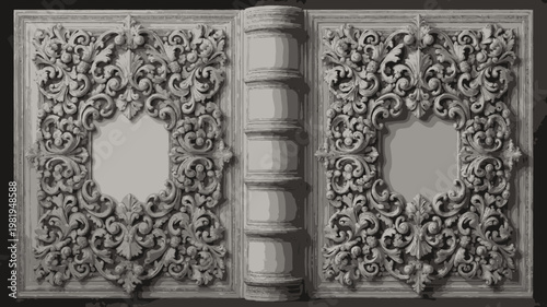 A pristine white sculpted book cover features intricate baroque patterns and a detailed spine.
