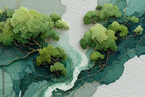 Abstract Green Forest Landscape with Watercolor Texture and Gold Veins