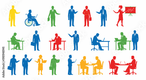 People in various office settings working.