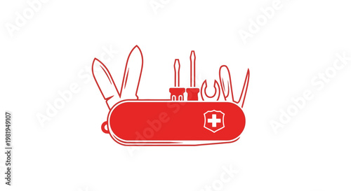 Red multitool pocket knife with multiple tools.