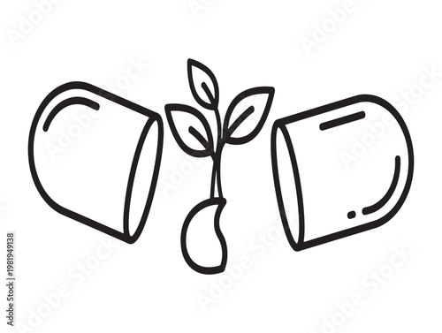 Title capsule sprout a symbol of growth natural medicine and holistic wellness description a black and white line drawing depicts a capsule