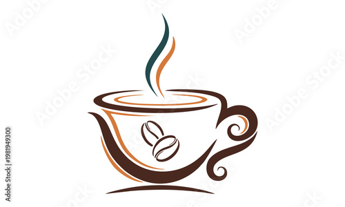 A steaming hot cup of coffee with beans illustration on a table indoors