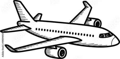 Hand drawn sketch of a passenger jet airplane flying in the sky for travel industry themes