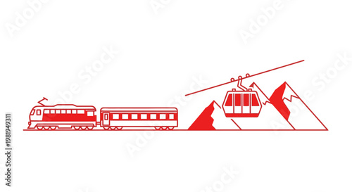 Red Train and Cable Car on Mountain Ridge.