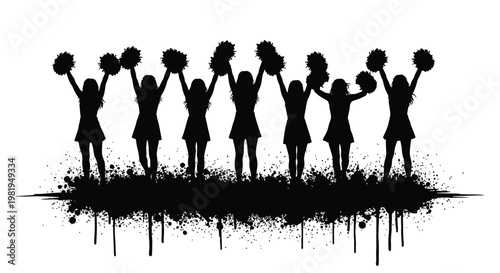 Group of cheerful female cheerleaders standing in a row holding pom poms high above their heads now