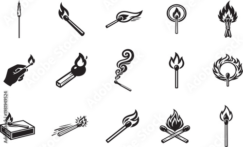 Fire line icon set with matches outline symbols for apps, ads, web design and creative UI elements.