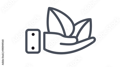 Minimalist black vector icon illustration of a human hand gently holding two leaves, symbolizing environmental protection, sustainability, organic growth, and nature conservation concepts.