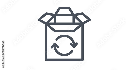 Minimalist black vector icon illustration of an open cardboard box with a circular recycling symbol on the front, representing sustainable packaging, eco-friendly waste management, and reuse.