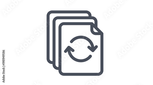 Minimalist black vector icon illustration of stacked document files with a circular refresh or sync symbol on the front page, representing data update, file synchronization, or backup process.