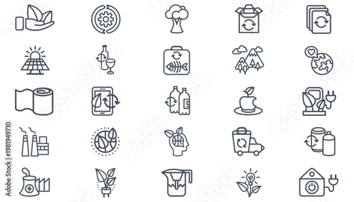 25 Black Vector Icon Set Collection Bundle featuring Environment, Sustainability, Recycling, Green Energy, Nature, Industry, and Technology Symbols. Minimalist Line Art for Eco-friendly Designs.